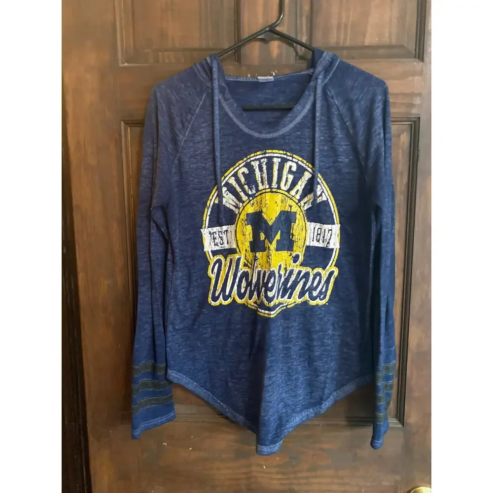Sideline Apparel Ladies Medium Hooded Blue Shirt Michigan Wolverines Long Sleeve